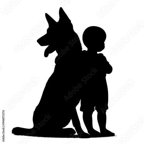 Silhouette of a child and dog standing together, friendship, transparent background  