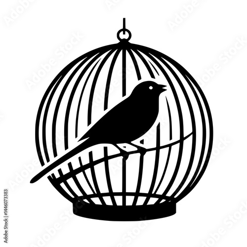 Silhouette bird in a cage perched on a branch against transparency  