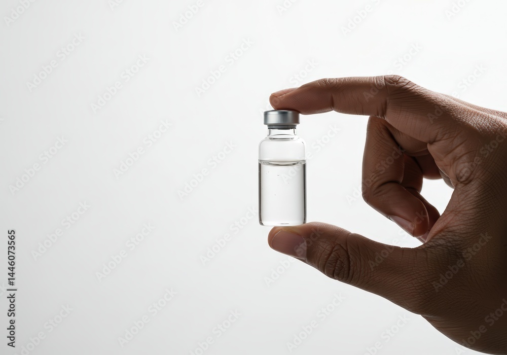 Hand holds medicine bottle for vaccination or treatment. Healthcare and medical concept of disease prevention or therapeutic development breakthrough.