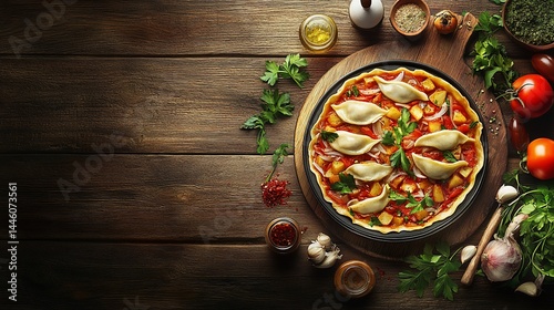 Obraz na płótnie Delicious, homemade-style pizza with dumplings w salonie