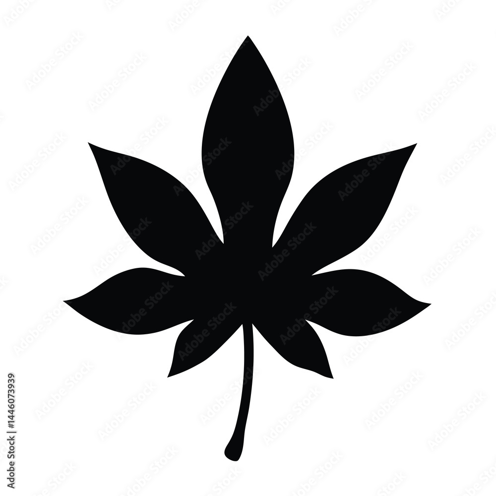 Simple black silhouette of a stylized leaf with sharp pointed lobes Simple black silhouette of a stylized leaf with sharp pointed lobes