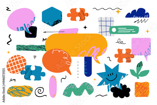 A collection of various geometric and organic shapes, speech bubbles, puzzle pieces and other decorative elements with various textures and doodles.