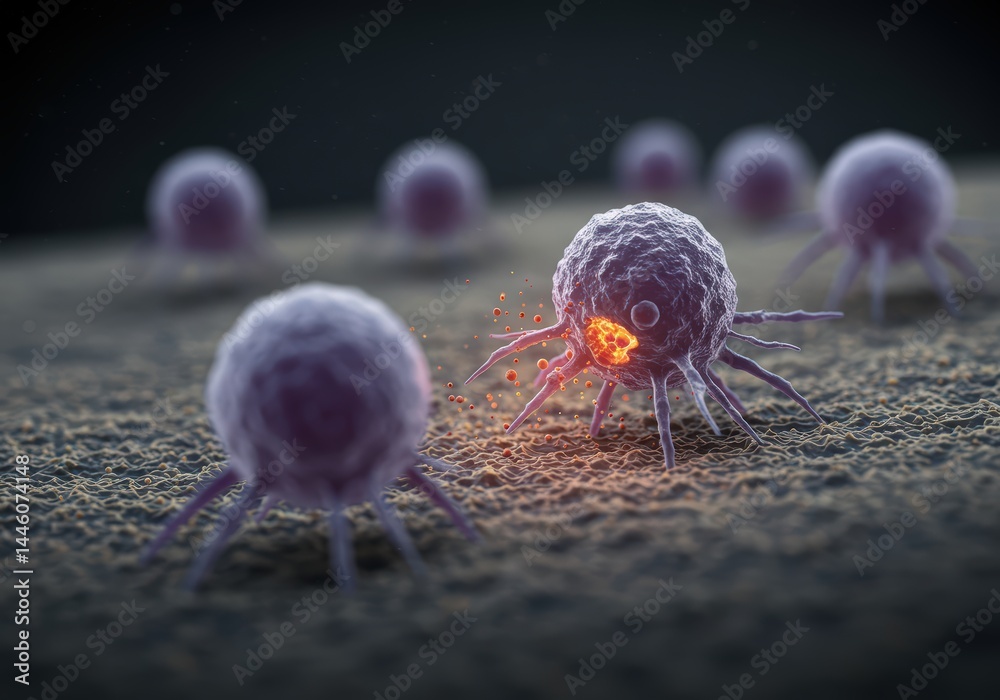 Cancer cell being destroyed by medical treatment, scientific visualization for research and education about breakthrough in oncology and overcoming disease.