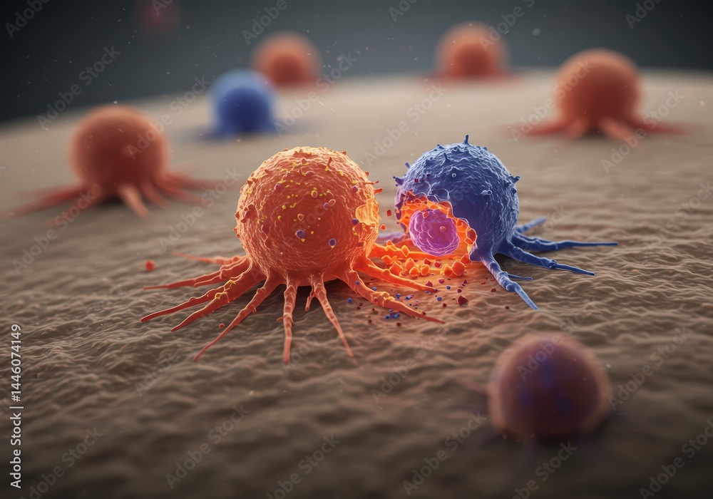 Microscopic immunology visualization of a blue t cell attempting to destroy an orange cancer cell for medical research and scientific study of disease treatment