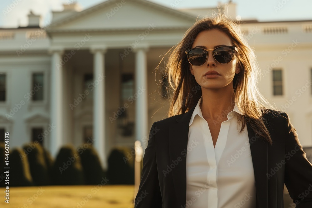 Obraz premium Confident Woman in Sunglasses Near the White House