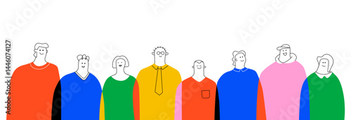A simple and colorful graphic illustration depicting a group of stylized people standing together. The concept of society, community and a variety of personalities.