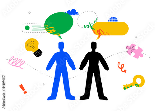 An abstract and colorful illustration depicting two stylized figures surrounded by speech bubbles,, doodles and other abstract elements. A concept for collaboration, communication, ideas,