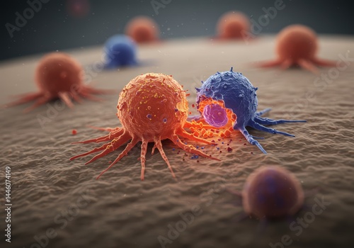 Obraz na płótnie Microscopic immunology visualization of a blue t cell attempting to destroy an orange cancer cell for medical research and scientific study of disease treatment w salonie
