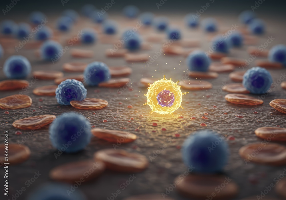 Microscopic view of a cancer cell surrounded by healthy blood cells and lymphocytes. Concept for cancer research, cure, medical treatment, and biology studies.