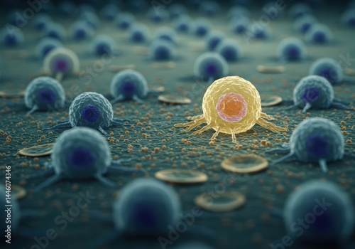 Immune system cell hunting cancerous cell. Scientific breakthrough in medicine concept. Healing cancer illustration for medical and healthcare promotion.