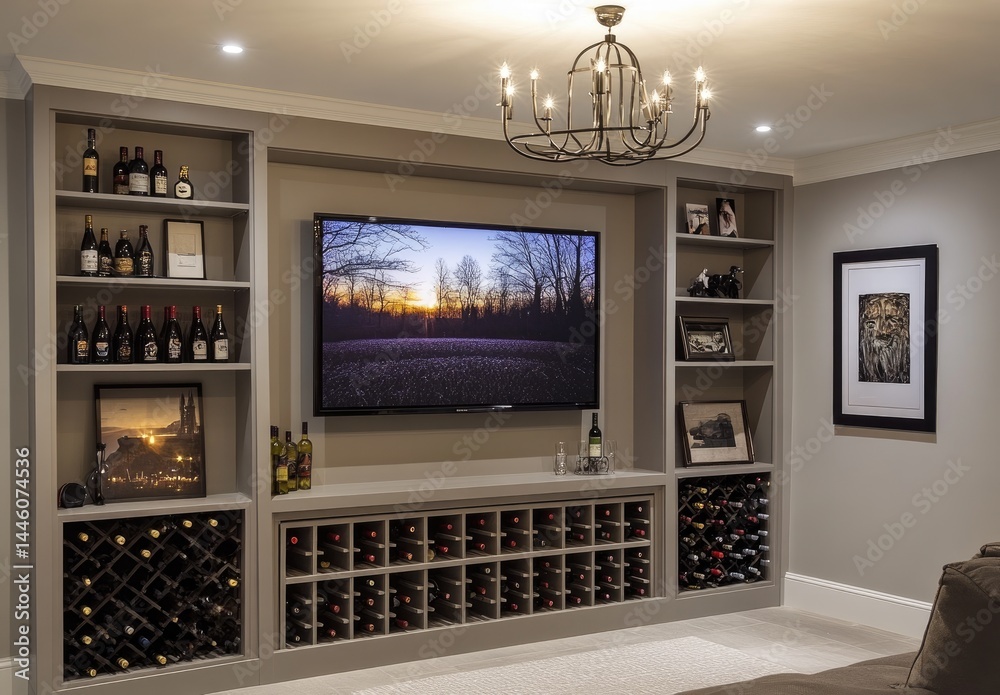 Fototapeta premium Modern home entertainment center with wine storage.