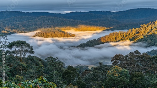 Misty mountain valley at sunrise. Lush forest and clouds