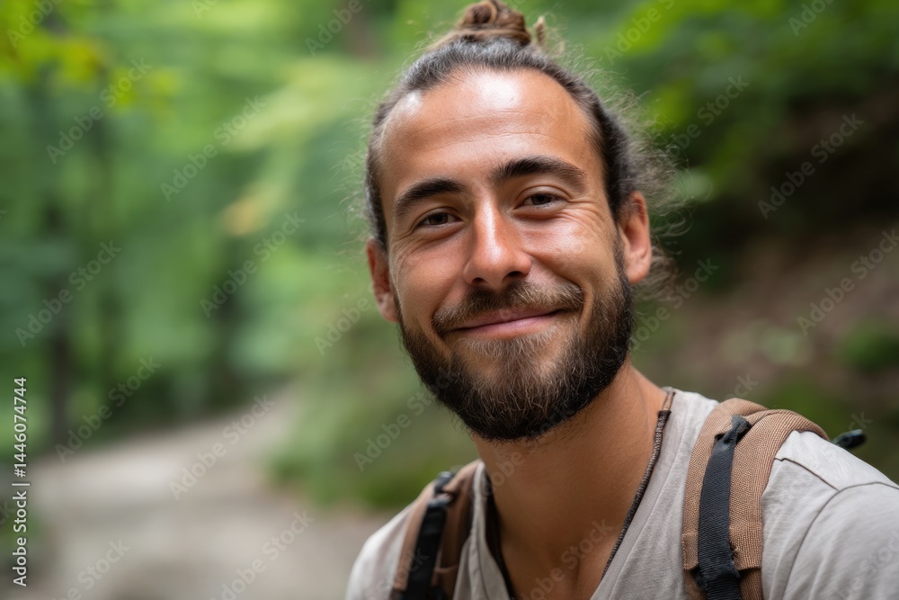 Man smiling while hiking through a forest trail for a travel blog Man smiling while hiking through a forest trail for a travel blog
