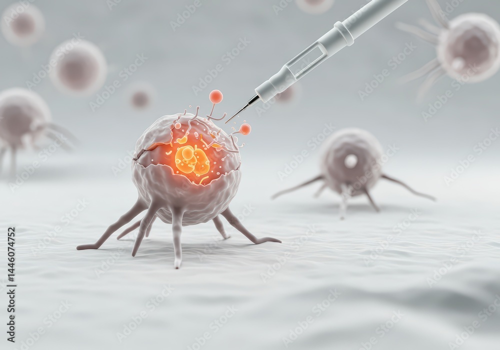 Syringe injecting fluid into a glowing damaged cell, representing modern medical treatment targeting cancer and precision medicine or scientific research approach for cancer treatment.