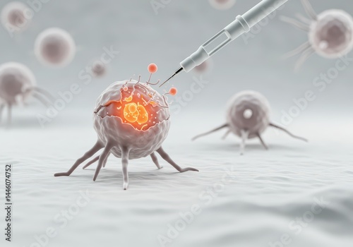 Obraz na płótnie Syringe injecting fluid into a glowing damaged cell, representing modern medical treatment targeting cancer and precision medicine or scientific research approach for cancer treatment. w salonie