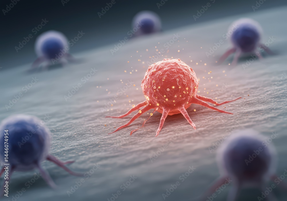 Cancer cell attacking human tissue illustration. Medical render of disease progression microscopic view. Oncology research and treatment concept for healthcare advertisement.