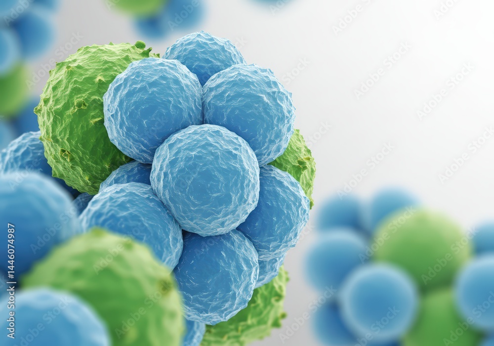 Scientific illustration of a cluster of cells. Healthcare concept of oncology research, treatment, and drug development for medical and research projects.