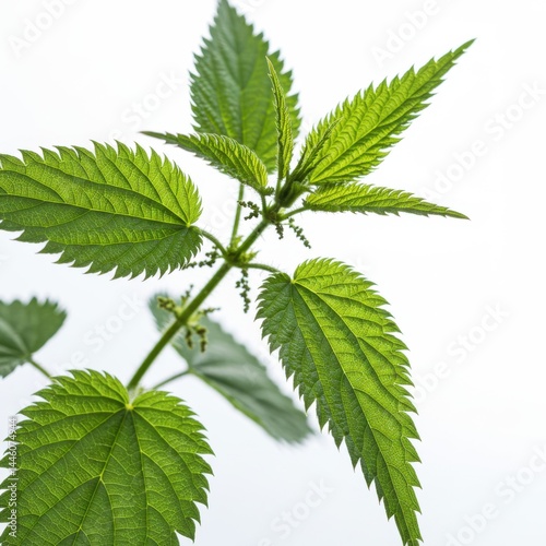 Close up shot of a vibrant green stinging nettle plant against a bright white background in soft lighting