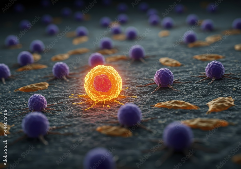 Microscopic view of cancer cell with glowing nucleus surrounded by other cells. Concept of medical breakthrough and cancer treatment for healthcare and research.