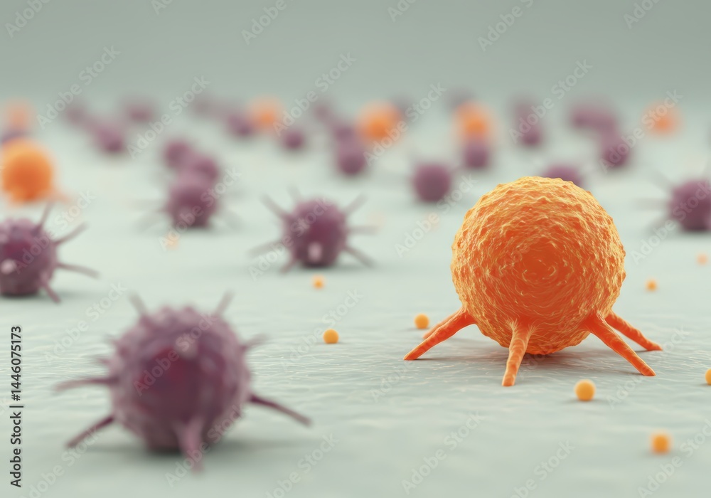 Orange and purple microscopic cells on light background. Biology research or medical concept of breakthrough in cancer treatment or disease cure.