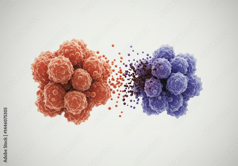 Immune cell attacking cancer cell medical concept image. Cancer cell destruction by t-cell or natural killer cell for cancer research and treatment.