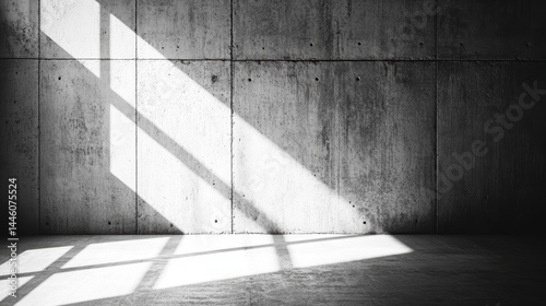 Sunlight streams through a window in a minimalist concrete room, casting dramatic shadows on the floor and wall.