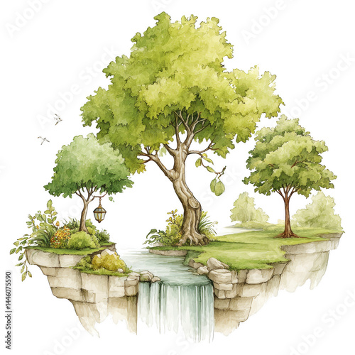 Watercolor painting depicts an idyllic landscape with trees and waterfall.