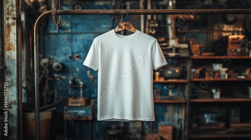 White t-shirt hanging on a rusty rack in a workshop.