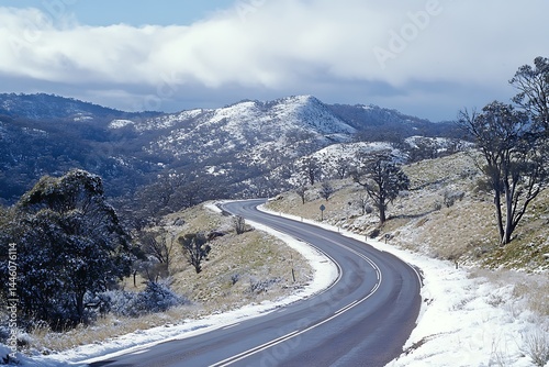 Highway Passing Through Snowy Mountain Landscape Under Clear Sky photo