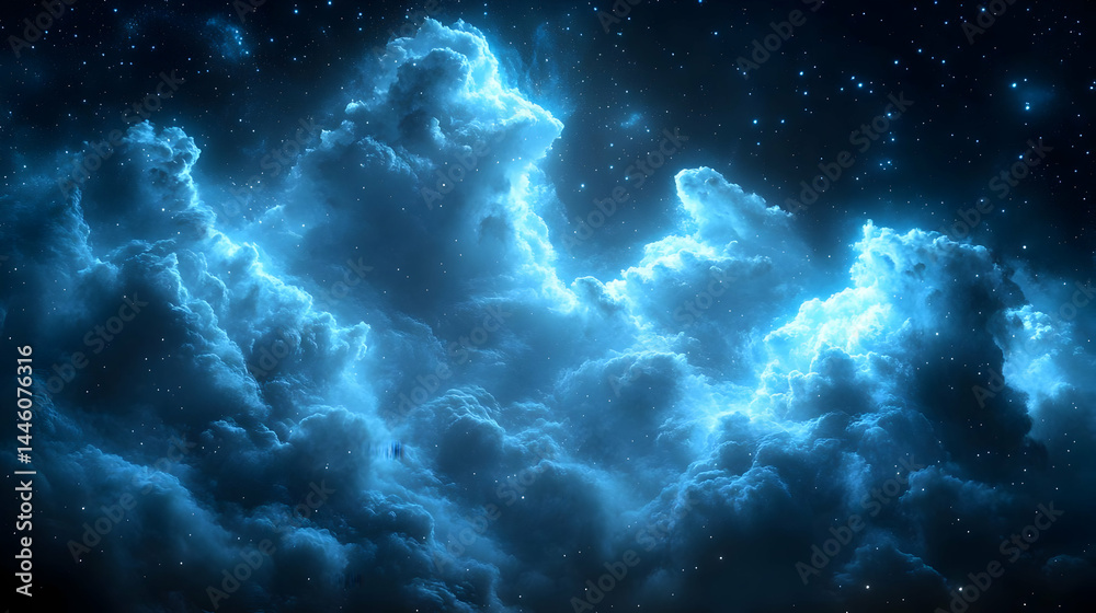 Fototapeta premium Glowing Blue Nebula Clouds in Dark Night Sky