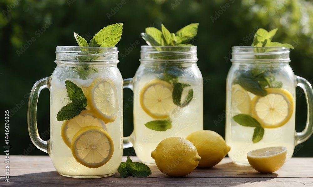Refreshing Lemonade Arrangement with Mint and Lemons on Wooden Surface Refreshing Lemonade Arrangement with Mint and Lemons on Wooden Surface
