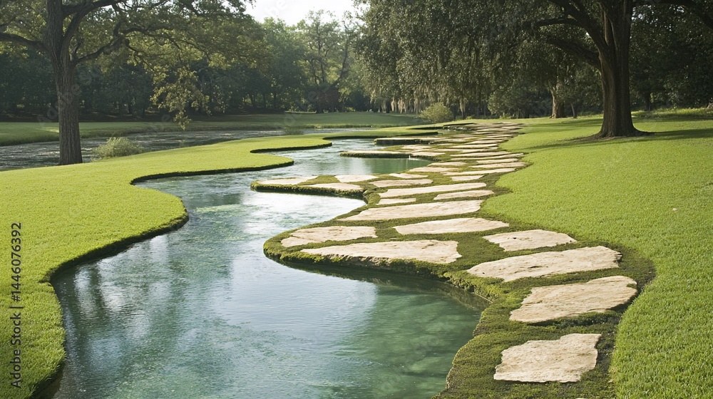 Serene, meandering pathways through a lush landscape