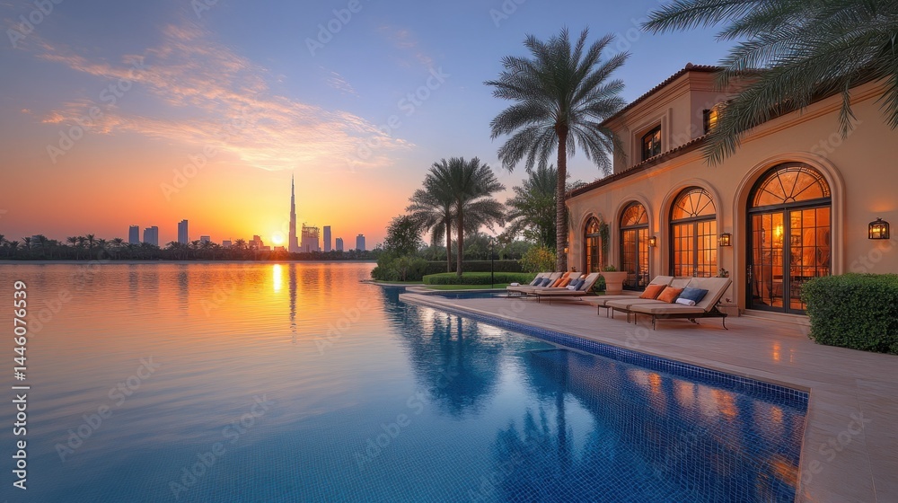 Obraz premium Luxurious waterfront estate at sunset