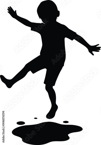 silhouette of a child jumping in puddle on white 