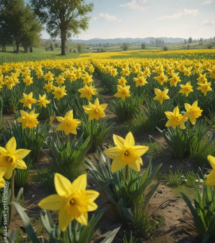 Fototapeta premium Lush green field bursting with bright yellow daffodils, spring scene, daffodil, plant, natural