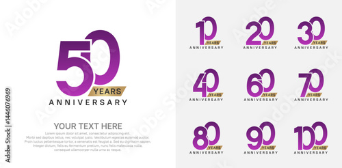 Anniversary logo set vector design, purple and gold color for celebration event