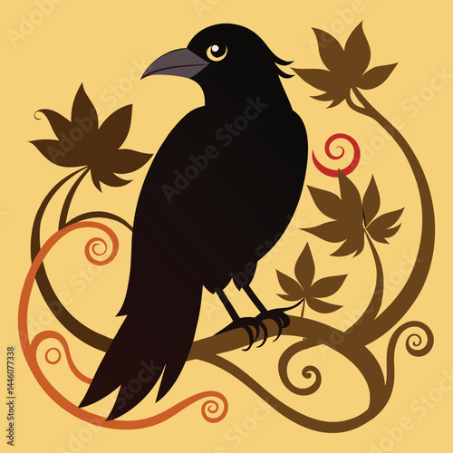 Art-nouveau style illustration-of-a-raven-on-a-leaf