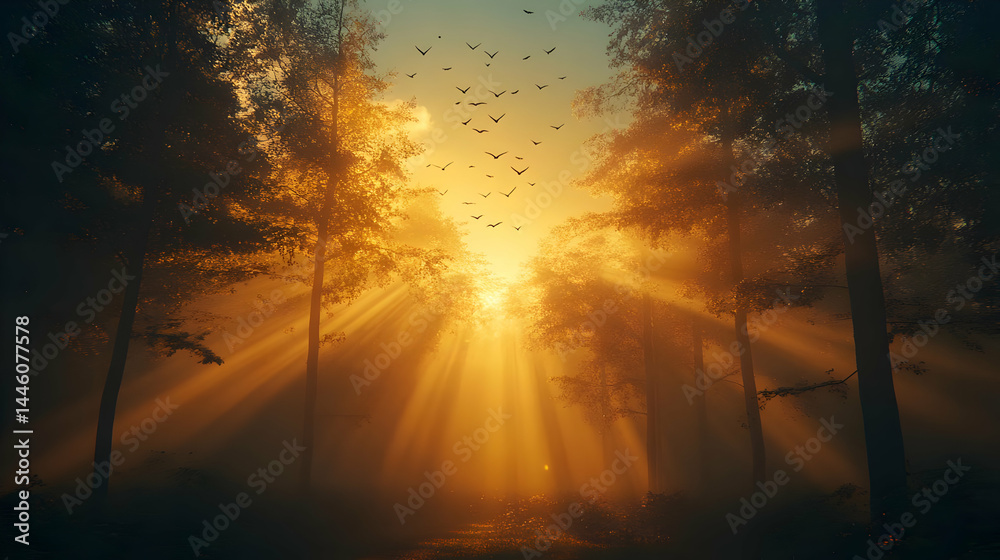 Obraz premium Golden Hour Sunset in a Misty Autumn Forest