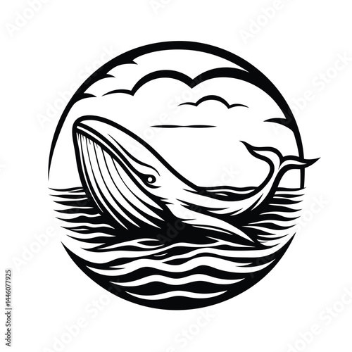 Stylized Whale Amidst Ocean Waves with Cloudy Skies in Black and White Design