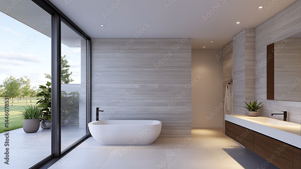 Fototapeta premium Modern Bathroom Design with Freestanding Bathtub, Natural Light, and Minimalist Decor Elements for Relaxing Spa-Like Atmosphere.