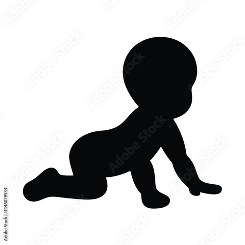 Black silhouette of baby crawling on a white background, vector art