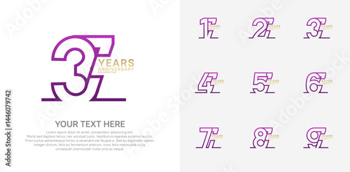 Anniversary logo set vector design, purple and gold color for celebration event