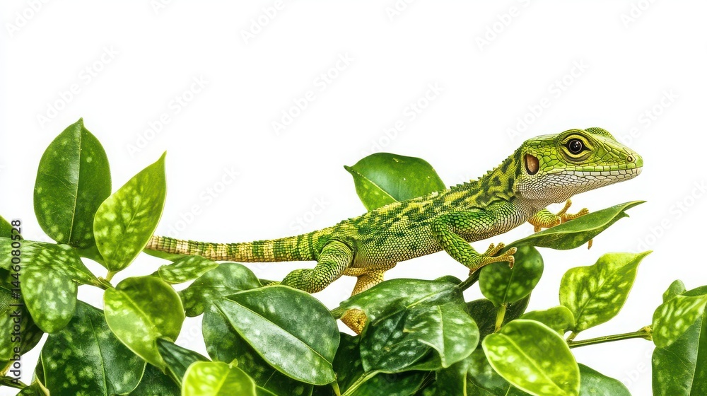 Obraz premium Vibrant Green Lizard on Lush Tropical Foliage