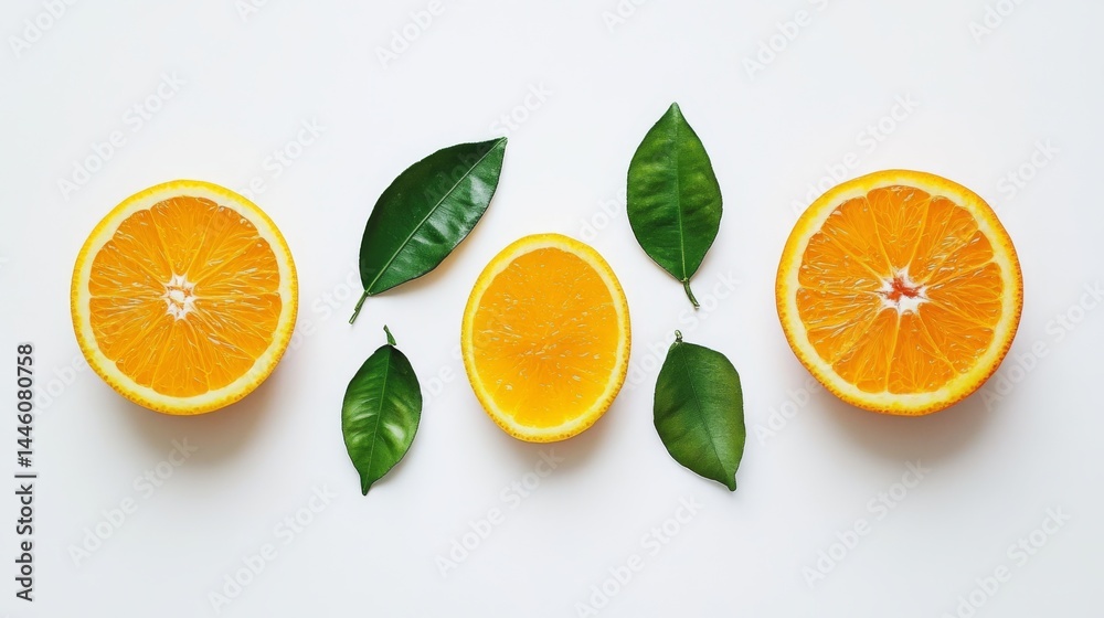 Oranges with leaves, a half orange, and slices are shown separately on a white background.
Oranges with leaves, a half orange, and slices are shown separately on a white background.