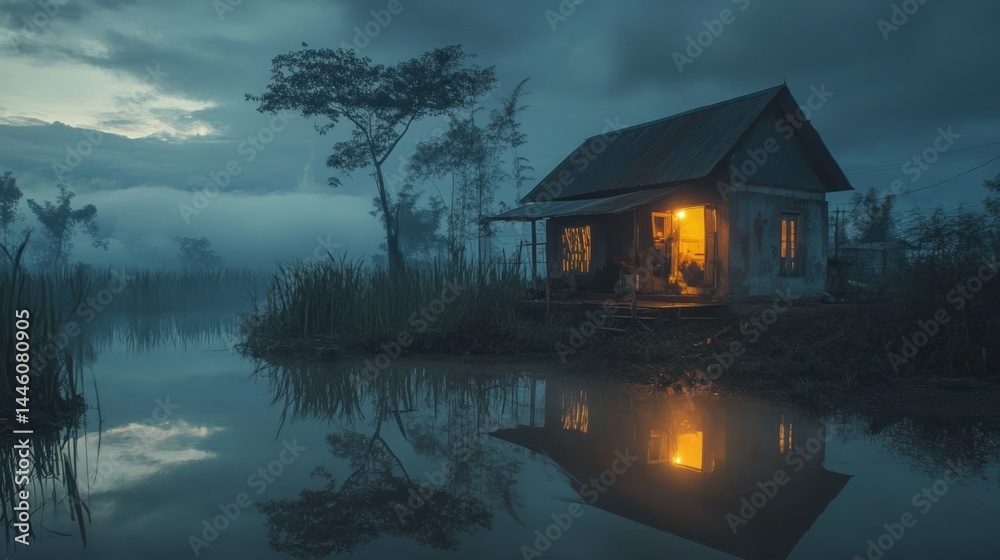 Fototapeta premium Misty rural cottage by tranquil water