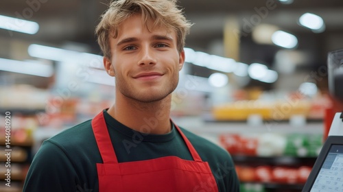 Supermarket clerk smiling at cash register, portrait of young grocery store employee
