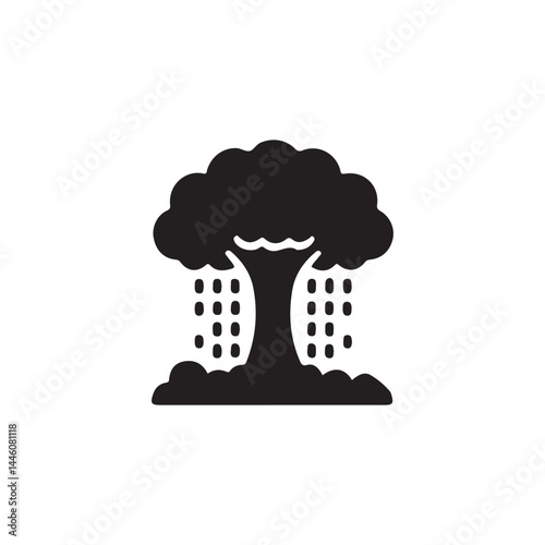 Sad tree in heavy rain icon.A simple, black and white icon of a tree with rain falling from a dark cloud above.