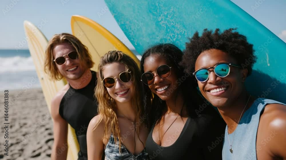 Group of friends enjoying beach time with surfboards on sunny day Group of friends enjoying beach time with surfboards on sunny day