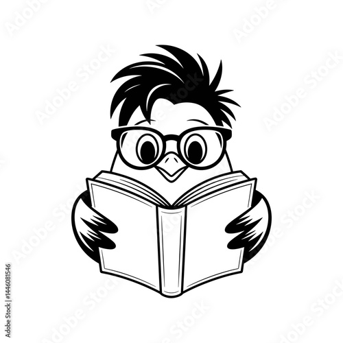 Smart Reader: A charming bird figure, adorned with glasses, engrossed in a captivating book. This monochrome illustration showcases the joy of reading and the pursuit of knowledge.