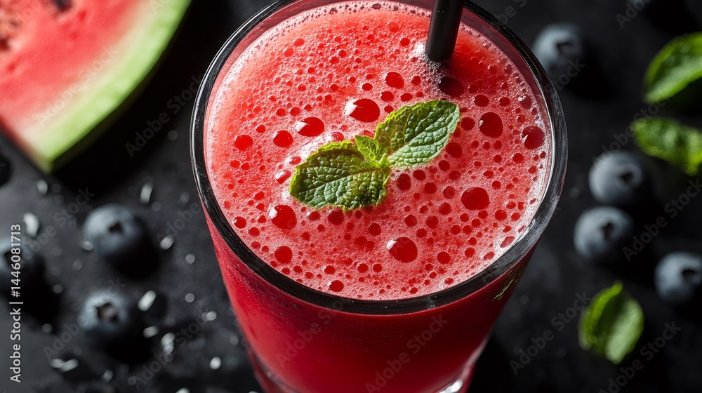 Refreshing watermelon smoothie decorated with fresh mint and blueberries